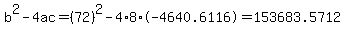b%5E2-4ac=%2872%29%5E2-4%2A8%2A-4640.6116=153683.5712