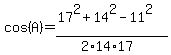 cos%28A%29=%2817%5E2%2B14%5E2-11%5E2+%29%2F%282%2A14%2A17%29