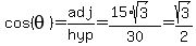 cos%28theta%29=adj%2Fhyp=%2815%2Asqrt%283%29%29%2F30=sqrt%283%29%2F2