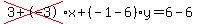 cross%283%2B-3%29%2Ax%2B%28-1-6%29%2Ay=6-6