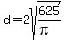 d=2sqrt%28625%2F%28pi%29%29