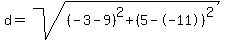 d=sqrt%28%28-3-9%29%5E2%2B%285--11%29%5E2%29