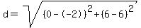d=sqrt%28%280--2%29%5E2%2B%286-6%29%5E2%29