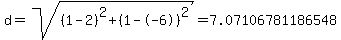 d=sqrt%28%281-2%29%5E2+%2B+%281--6%29%5E2%29=+7.07106781186548+