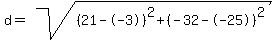 d=sqrt%28%2821--3%29%5E2%2B%28-32--25%29%5E2%29