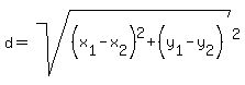 d=sqrt%28%28x%5B1%5D-x%5B2%5D%29%5E2%2B%28y%5B1%5D-y%5B2%5D%29%29%5E2%29