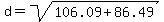 d=sqrt%28106.09%2B86.49%29