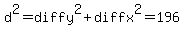 d%5E2+=+diffy%5E2+%2B+diffx%5E2+=+196