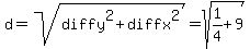 d+=+sqrt%28diffy%5E2+%2B+diffx%5E2%29+=+sqrt%281%2F4+%2B+9%29