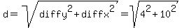 d+=+sqrt%28diffy%5E2+%2B+diffx%5E2%29+=+sqrt%284%5E2+%2B+10%5E2%29