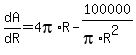 dA%2FdR=4pi%2AR-100000%2F%28pi%2AR%5E2%29