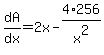 dA%2Fdx=2x-4%2A256%2Fx%5E2
