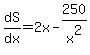 dS%2Fdx=2x-250%2Fx%5E2