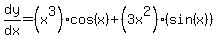 dy%2Fdx+=+%28x%5E3%29%2Acos%28x%29%2B%283x%5E2%29%2A%28sin%28x%29%29
