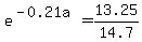 e%5E%28-0.21a%29+=+13.25%2F14.7