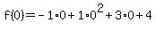 f%280%29=-1%2A0%2B1%2A0%5E2%2B3%2A0%2B4