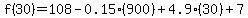 f%2830%29=108-0.15%28900%29%2B4.9%2830%29%2B7