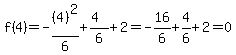 f%284%29=-%284%29%5E2%2F6%2B%284%29%2F6%2B2=-16%2F6%2B4%2F6%2B2=0
