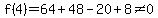 f%284%29=64%2B48-20%2B8%3C%3E0