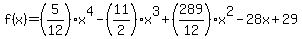 f%28x%29=%285%2F12%29x%5E4-%2811%2F2%29x%5E3%2B%28289%2F12%29x%5E2-28x%2B29