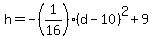 h=-%281%2F16%29%28d-10%29%5E2+%2B+9