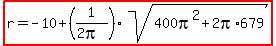 highlight%28r=-10%2B%281%2F%282pi%29%29sqrt%28400pi%5E2%2B2pi%2A679%29%29