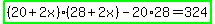 highlight_green%28%2820%2B2x%29%2828%2B2x%29-20%2A28=324%29