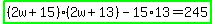 highlight_green%28%282w%2B15%29%282w%2B13%29-15%2A13=245%29