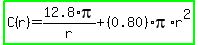 highlight_green%28C%28r%29=12.8%2Api%2Fr%2B%280.80%29pi%2Ar%5E2%29
