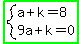 highlight_green%28system%28a%2Bk=8%2C9a%2Bk=0%29%29