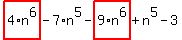 highlight_red%28+4%2An%5E6+%29-7%2An%5E5-highlight_red%28+9%2An%5E6+%29%2Bn%5E5-3
