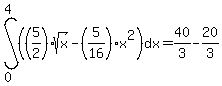 int%28%28%285%2F2%29sqrt%28x%29-%285%2F16%29x%5E2%29%2Cdx%2C0%2C4%29=40%2F3-20%2F3