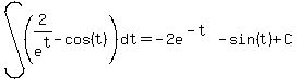 int%28%282%2Fe%5Et-cos%28t%29%29%2Cdt%29=-2e%5E%28-t%29-sin%28t%29%2BC
