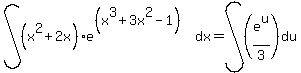 int%28%28x%5E2%2B2x%29e%5E%28%28x%5E3%2B3x%5E2-1%29%29%2Cdx%29=int%28%28e%5Eu%2F3%29%2Cdu%29