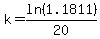 k=ln%281.1811%29%2F20