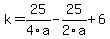 k+=+25%2F4a+-+25%2F2a+%2B+6