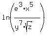 ln%28%28e%5E3%2Ax%5E5%29%2F%28y%5E7%2Asqrt%28z%29%29%29