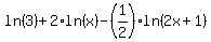ln%283%29%2B2%2Aln%28x%29-%281%2F2%29ln%282x%2B1%29