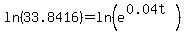 ln%2833.8416%29+=+ln%28e%5E%280.04t%29%29