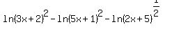ln%283x%2B2%29%5E2-ln%285x%2B1%29%5E2-ln%282x%2B5%29%5E%281%2F2%29