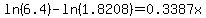 ln%286.4%29-ln%281.8208%29=0.3387x