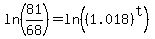 ln%2881%2F68%29+=ln%28%281.018%29%5Et%29