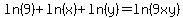 ln%289%29+%2B+ln%28x%29+%2B+ln%28y%29=ln%289xy%29