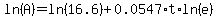 ln%28A%29=ln%2816.6%29%2B0.0547%2At%2Aln%28e%29