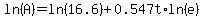 ln%28A%29=ln%2816.6%29%2B0.547t%2Aln%28e%29