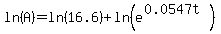 ln%28A%29=ln%2816.6%29%2Bln%28e%5E%280.0547t%29%29
