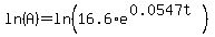 ln%28A%29=ln%2816.6%2Ae%5E%280.0547t%29%29