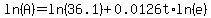 ln%28A%29=ln%2836.1%29%2B0.0126t%2Aln%28e%29