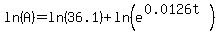 ln%28A%29=ln%2836.1%29%2Bln%28e%5E%280.0126t%29%29