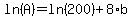 ln%28A%29+=+ln%28200%29%2B+8%2Ab